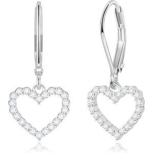 Dainty Silver-CZ Heart Leverback Dangle Drop Hypoallergenic Earring for Women